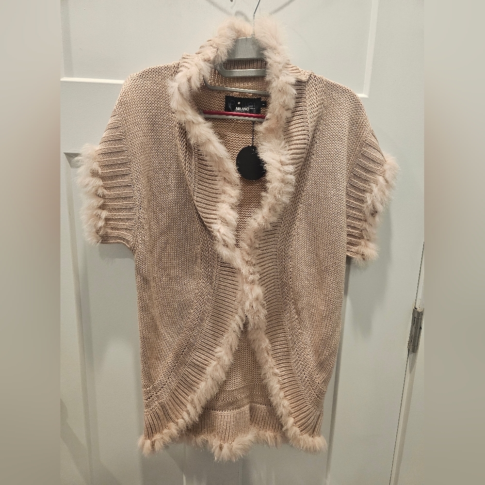P. Luca Milano Faux Fur Trim Knit Cardigan Sweater Beige Wool Blend Short Sleeve
